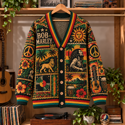 Bob Marley Retro Reggae Knit Cardigan - Vintage Style Rasta Singer Button Down Sweater, Unique Island Roots Rock Reggae Merchandise Fan Outfit