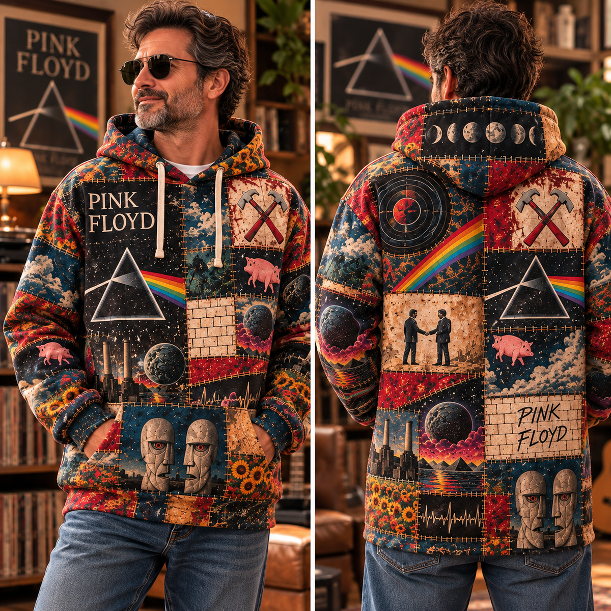 Pink Floyd Patchwork Hoodie – Vintage Dark Side of the Moon Graphic Pullover, Retro Psychedelic Rock Band Hoodie, Pink Floyd Fan Gift