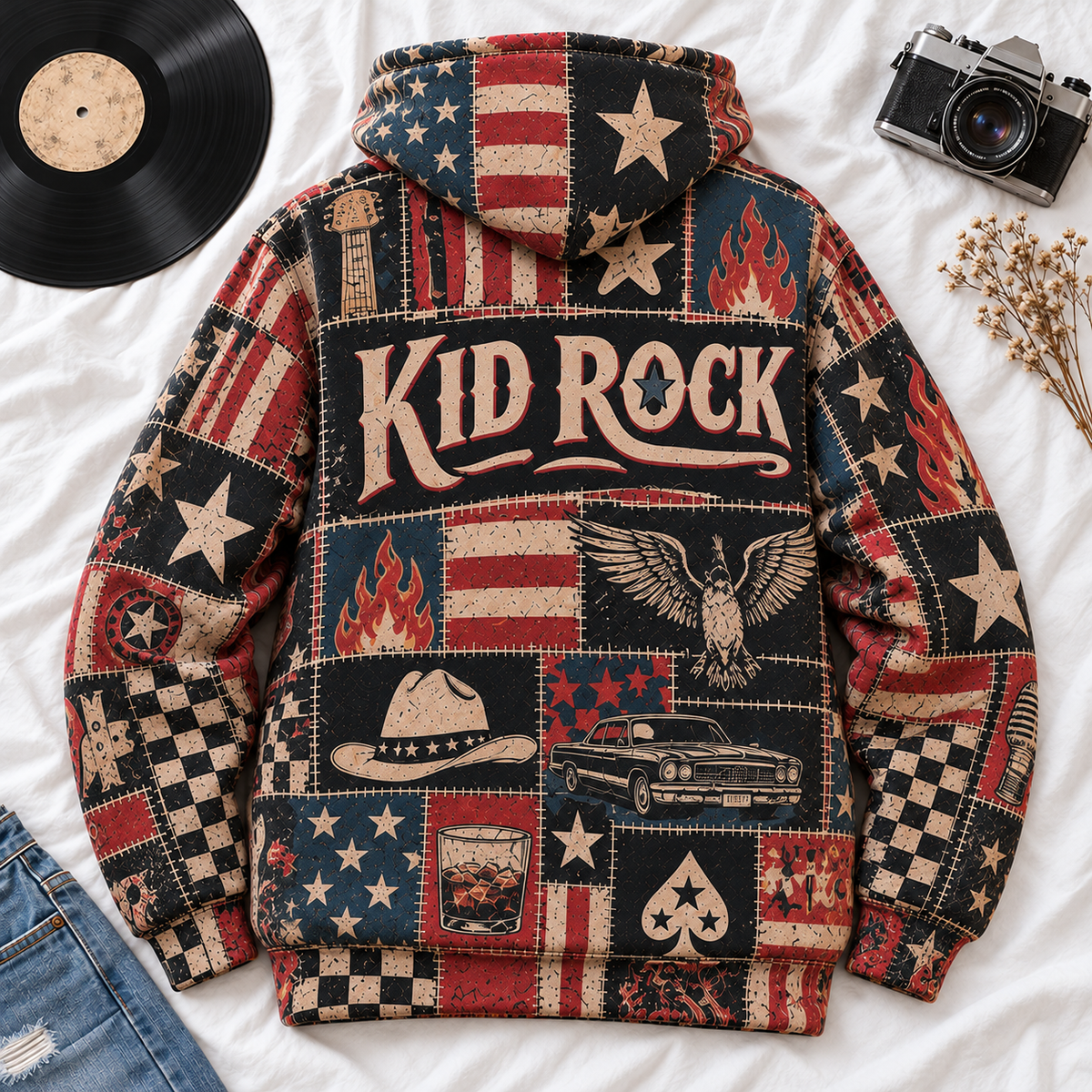 Kid Rock Patchwork Hoodie – Vintage American Rock Graphic Pullover, Patriotic USA Flag & Cowboy Design, Retro Country Rock Fan Gift, Unisex Sweatshirt