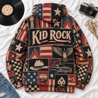 Kid Rock Patchwork Hoodie – Vintage American Rock Graphic Pullover, Patriotic USA Flag & Cowboy Design, Retro Country Rock Fan Gift, Unisex Sweatshirt