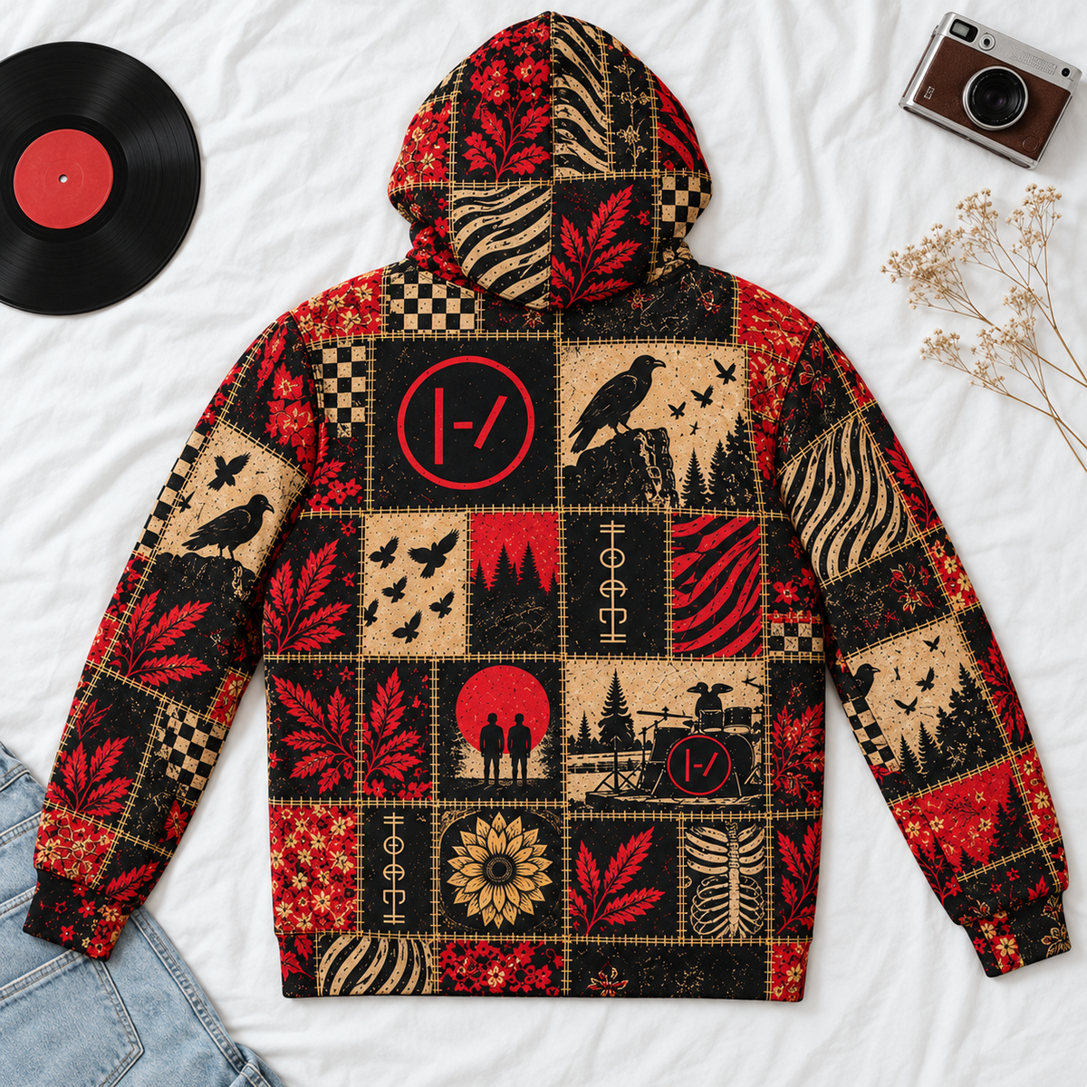 Twenty One Pilots Patchwork Sherpa Hoodie – Ultra Soft Fleece Pullover, Double Layer Hood, Alternative Rock Band Fan Gift