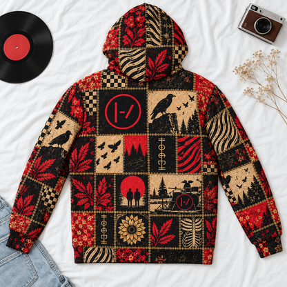 Twenty One Pilots Patchwork Sherpa Hoodie – Ultra Soft Fleece Pullover, Double Layer Hood, Alternative Rock Band Fan Gift