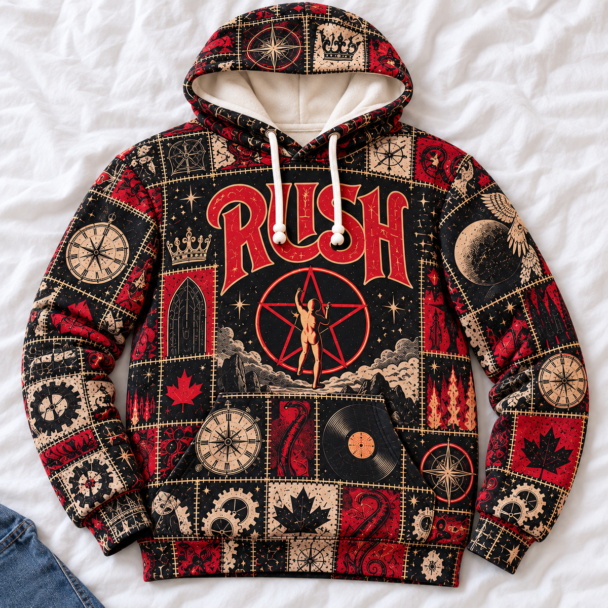 Rush Patchwork Hoodie – Vintage 2112 Starman Graphic Pullover, Retro 70s 80s Progressive Rock Sweatshirt, Classic Rock Band Hoodie
