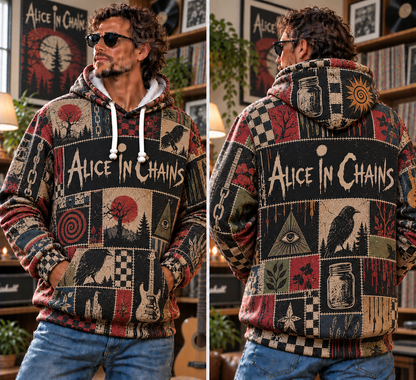 Alice In Chains Patchwork Hoodie – Vintage Grunge Rock Band Graphic Pullover, Retro Alternative Metal Music Fan Gift