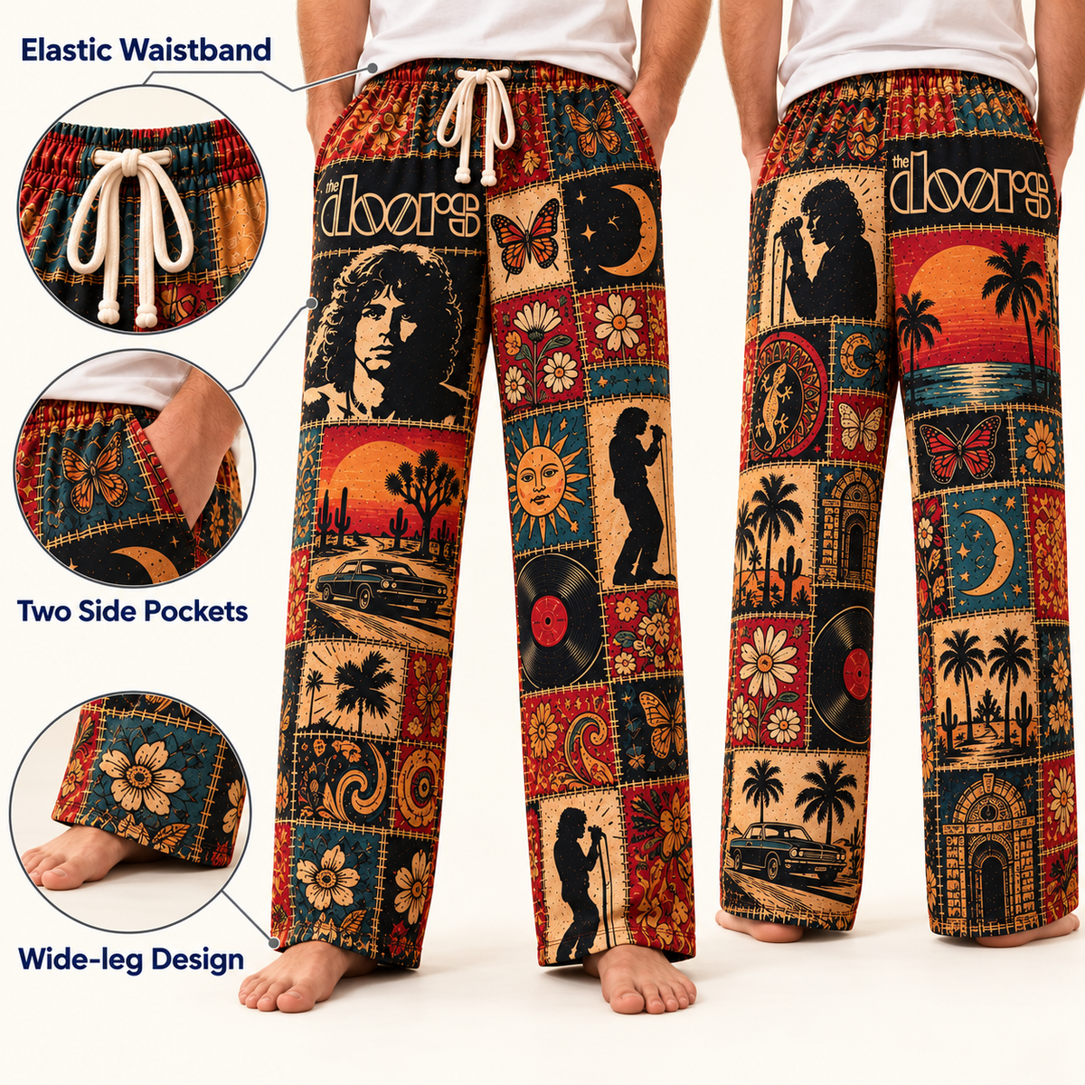 The Doors Patchwork Pajama Pants - Vintage Psychedelic Rock Art Lounge Pants with Elastic Waistband, Adjustable Drawstring & Two Side Pockets