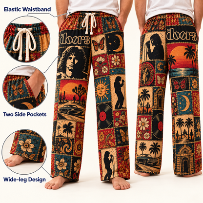 The Doors Patchwork Pajama Pants - Vintage Psychedelic Rock Art Lounge Pants with Elastic Waistband, Adjustable Drawstring & Two Side Pockets