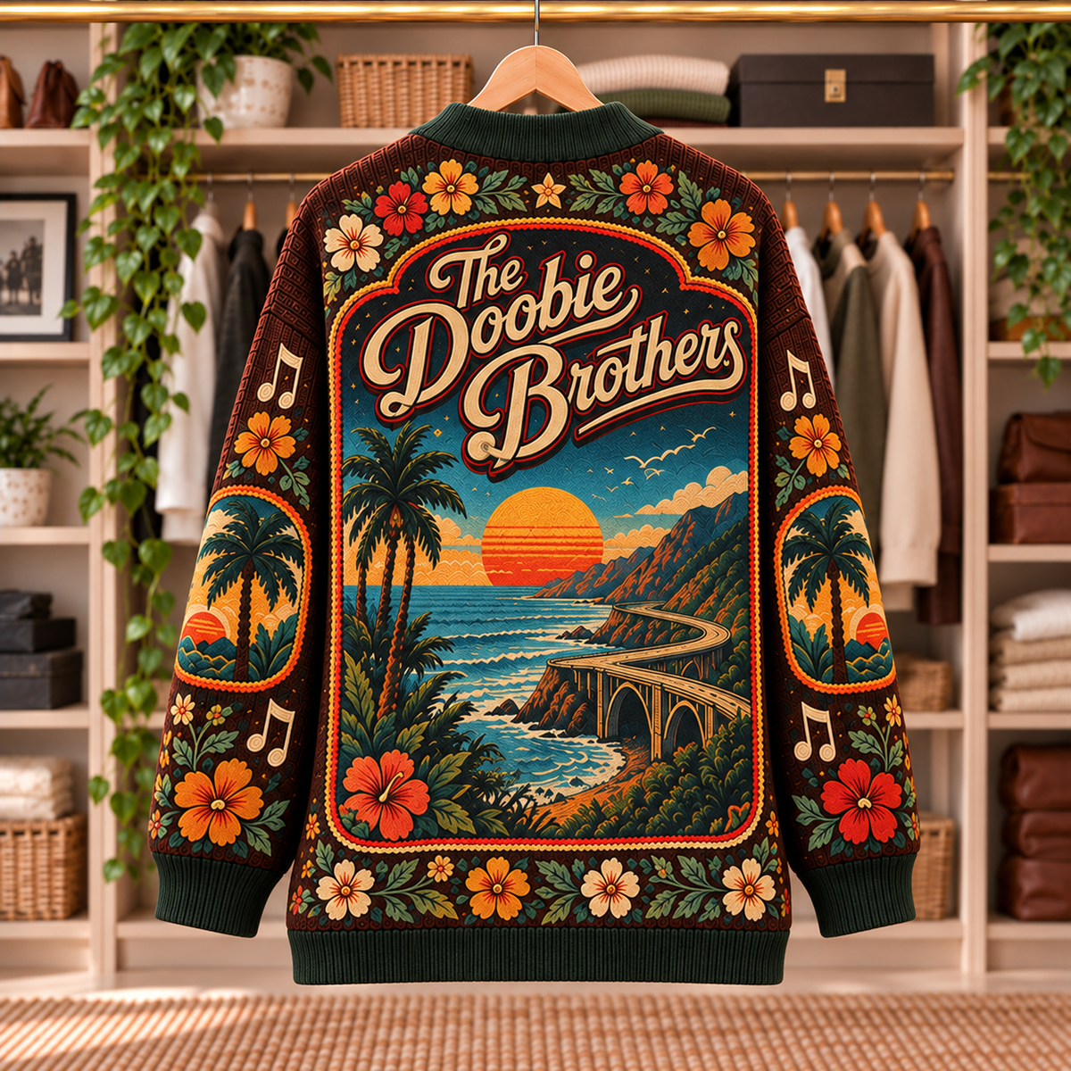 The Doobie Brothers Patchwork Cardigan - Casual Button Sweater, Acoustic Guitar Vinyl Sunset Rock Music Fan Gift