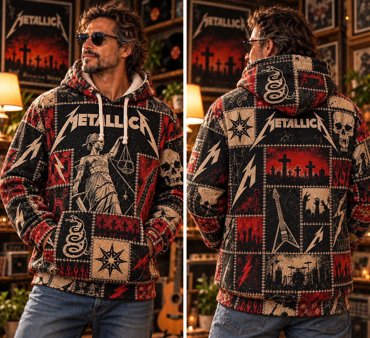 Metallica Patchwork Hoodie – Vintage Heavy Metal Graphic Pullover, And Justice for All Inspired Sweatshirt, Retro Thrash Metal Fan Gift, Unisex Rock Hoodie