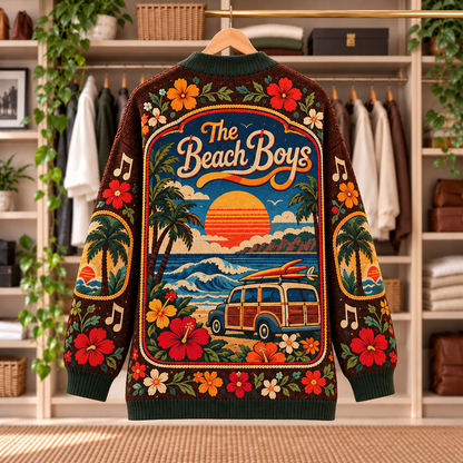 The Beach Boys Patchwork Cardigan - Casual Oversized Button Sweater, Surf Van Ocean Waves Rock Music Fan Gift