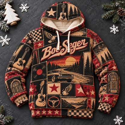 Bob Seger Patchwork Hoodie – Vintage Classic Rock Graphic Pullover, Retro 70s 80s Rock Music Hoodie, Bob Seger Fan Gift