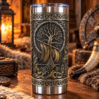 3D Printed Viking Ship & Tree of Life Tumbler - Ancient Norse Mythology Stainless Steel Drinkware