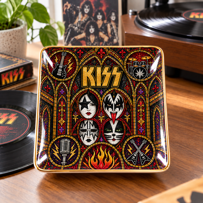 KISS Band Mexican Folk Art Ceramic Jewelry Dish - Face Paint Makeup & Flames Ring Tray - Hard Rock Fan Unique Collectible