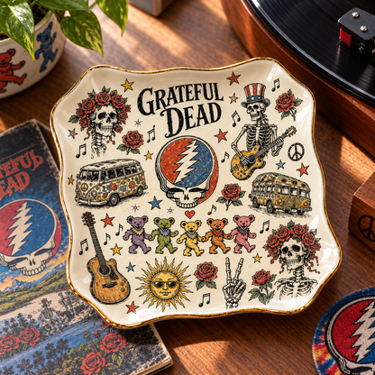 Grateful Dead Sketch Art Jewelry Dish - Ceramic Trinket Tray, Steal Your Face Ring Holder, Retro Rock Band Fan Gift