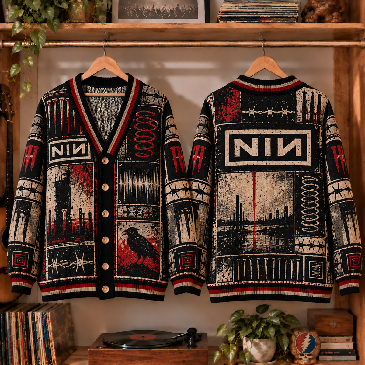 Nine Inch Nails Retro Graphic Cardigan - Vintage Rock Band Knit Outerwear, Alternative Music Fan Apparel & Fashion Style Gift