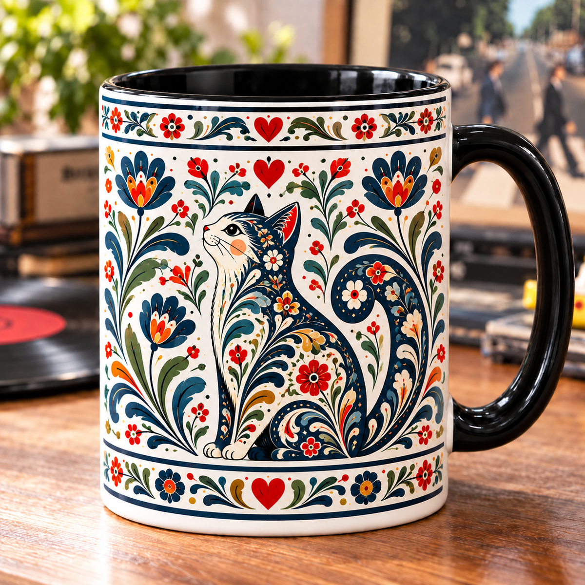 Folk Art Floral Cat Ceramic Mug – Nordic Botanical Cat Coffee Cup, Aesthetic Gift for Cat Lovers