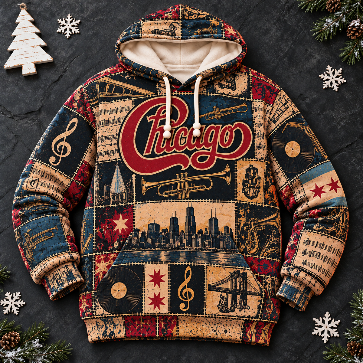 Chicago Band Patchwork Hoodie – Vintage Classic Rock Graphic Pullover, Retro 70s 80s Music Hoodie, Chicago Fan Gift