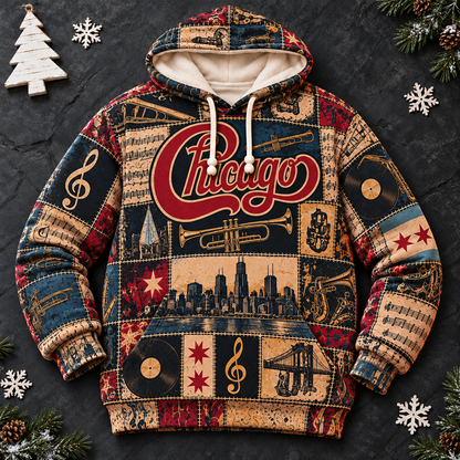 Chicago Band Patchwork Hoodie – Vintage Classic Rock Graphic Pullover, Retro 70s 80s Music Hoodie, Chicago Fan Gift