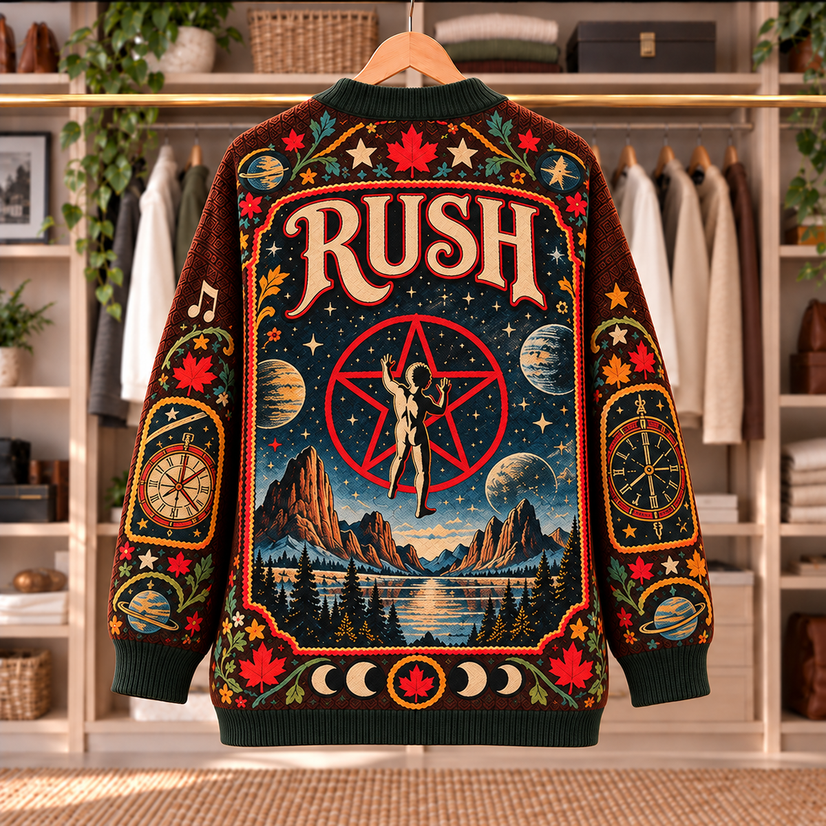 Rush Patchwork Knitted Cardigan - Casual Oversized Button Sweater, Starman Drum Kit Prog Rock Music Fan Gift