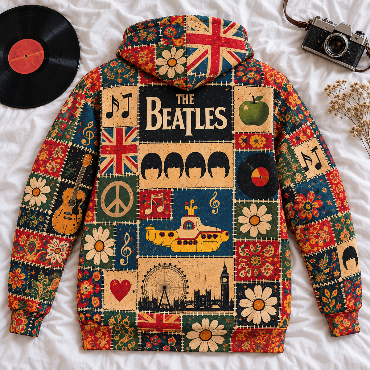The Beatles Patchwork Hoodie – Vintage 60s Psychedelic Rock Graphic Pullover, Abbey Road & Yellow Submarine Design, Retro Floral Beatles Sweatshirt