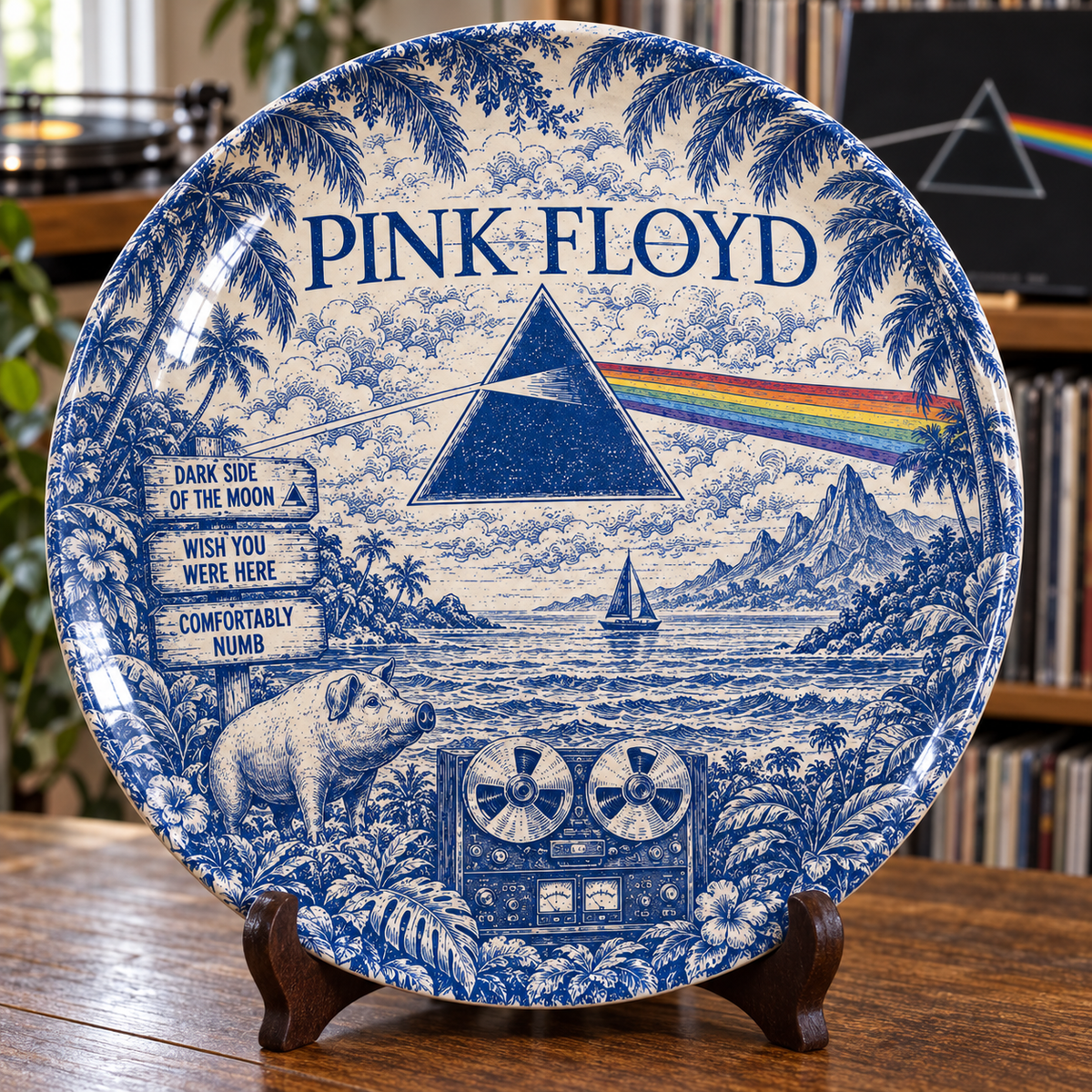 Pink Floyd Toile de Jouy Ceramic Plate - Decorative Wall & Table Display Dish, Blue Dark Side of the Moon Rock Fan Gift