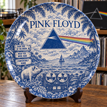 Pink Floyd Toile de Jouy Ceramic Plate - Decorative Wall & Table Display Dish, Blue Dark Side of the Moon Rock Fan Gift