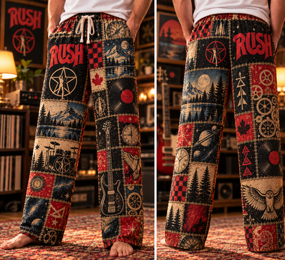 Rush Classic Pajama Pants - Retro Patchwork Canadian Maple Leaf, Bass Guitar & Clockwork Art Sleepwear - Comfortable Pants for Music Fans & Collectors Gift