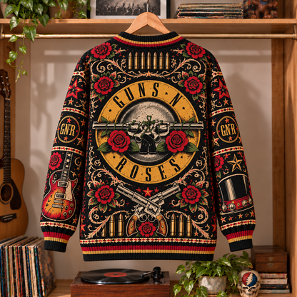Guns N' Roses Retro Rock Knit Cardigan - Vintage Style Hard Rock Button Down Sweater, Unique Slash Top Hat Band Merchandise Fan Outfit