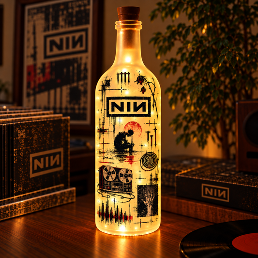 Nine Inch Nails Vintage Lighted Bottle Lamp - Premium Industrial Rock Music Merchandise, NIN Logo & Spiral LED Fairy Light Up Bottle Night Light Decor