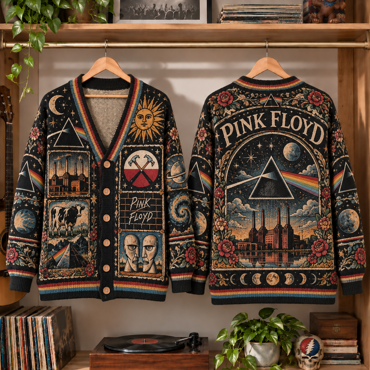 Pink Floyd Retro Rock Knit Cardigan - Vintage Style Prog Rock Button Down Sweater, Unique Classic Album Art Merchandise Fan Outfit
