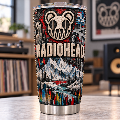 Radiohead 3D Printed Tumbler - 20oz Stainless Steel Insulated Travel Coffee Mug with Lid - Alternative Rock Band Music Merchandise Gift