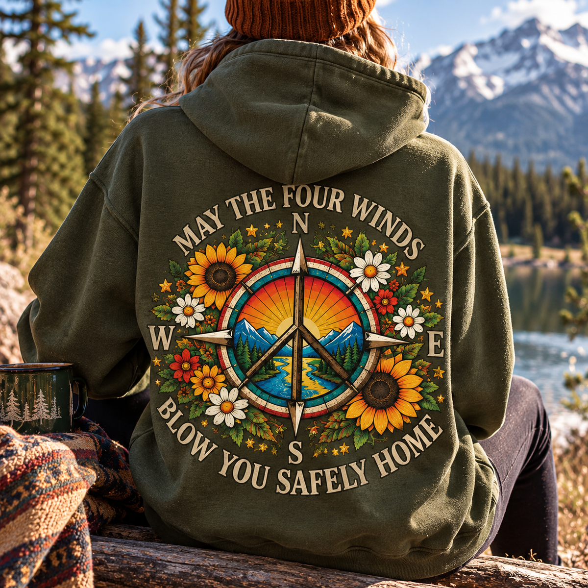 May the Four Winds Blow You Safely Home Hoodie, Grateful Dead Inspired Peace Sign Sweatshirt, Boho Sunflower Hoodie, Hippie Outdoor Gift