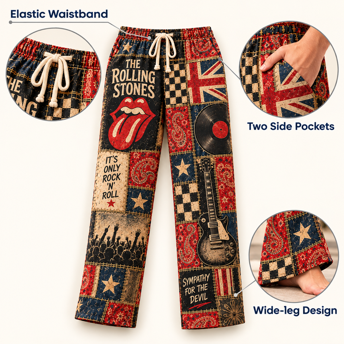 The Rolling Stones Rock Band Pajama Pants - Christmas Holiday Lounge Pants, Classic Rock Fan Sleepwear & Gift for Men