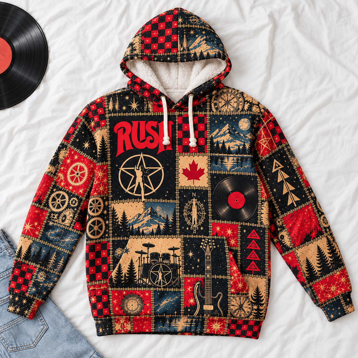 Rush Patchwork Hoodie – Vintage Progressive Rock Band Graphic Pullover, 2112 Starman Inspired Hoodie, Retro Music Lover Gift