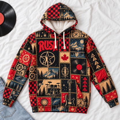 Rush Patchwork Hoodie – Vintage Progressive Rock Band Graphic Pullover, 2112 Starman Inspired Hoodie, Retro Music Lover Gift
