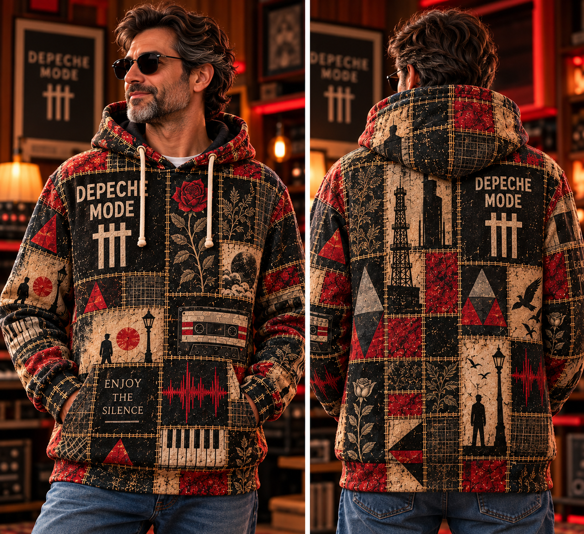 Depeche Mode Patchwork Hoodie – Vintage Synth Pop Graphic Pullover, Enjoy the Silence Retro Music Hoodie, Depeche Mode Fan Gift