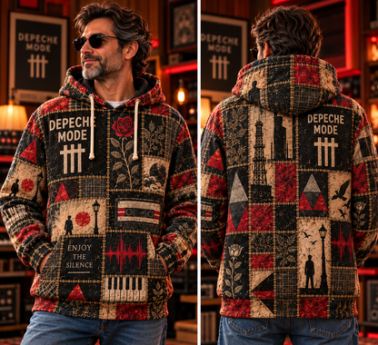 Depeche Mode Patchwork Hoodie – Vintage Synth Pop Graphic Pullover, Enjoy the Silence Retro Music Hoodie, Depeche Mode Fan Gift