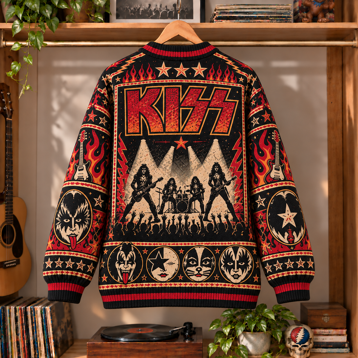 KISS Retro Rock Knit Cardigan - Vintage Style Glam Metal Button Down Sweater, Unique KISS Army Heavy Metal Merchandise Fan Outfit