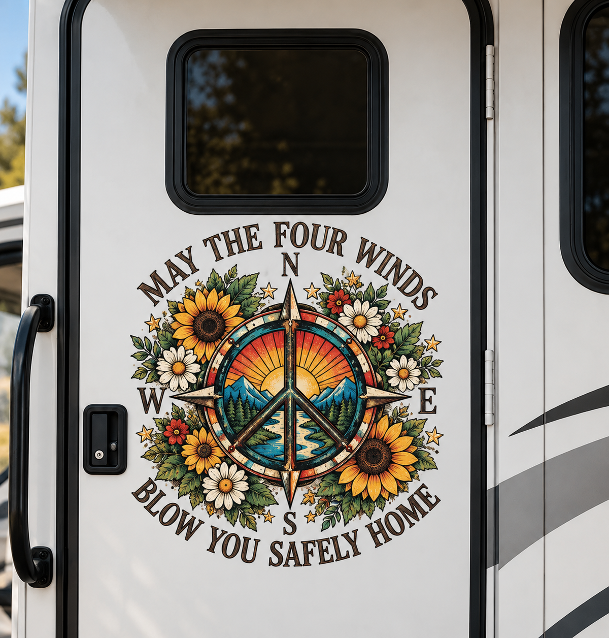 May the Four Winds Blow You Safely Home Car Decal, Peace Sign Compass Vehicle Sticker, Sunflower Jeep Decal, Boho Road Trip Car Decor