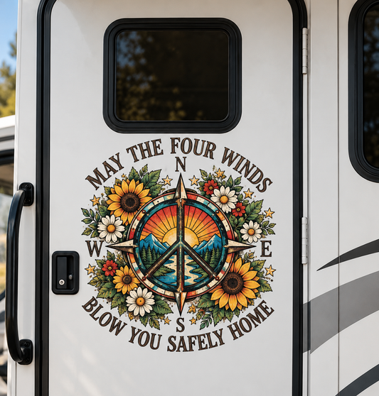 May the Four Winds Blow You Safely Home Car Decal, Peace Sign Compass Vehicle Sticker, Sunflower Jeep Decal, Boho Road Trip Car Decor