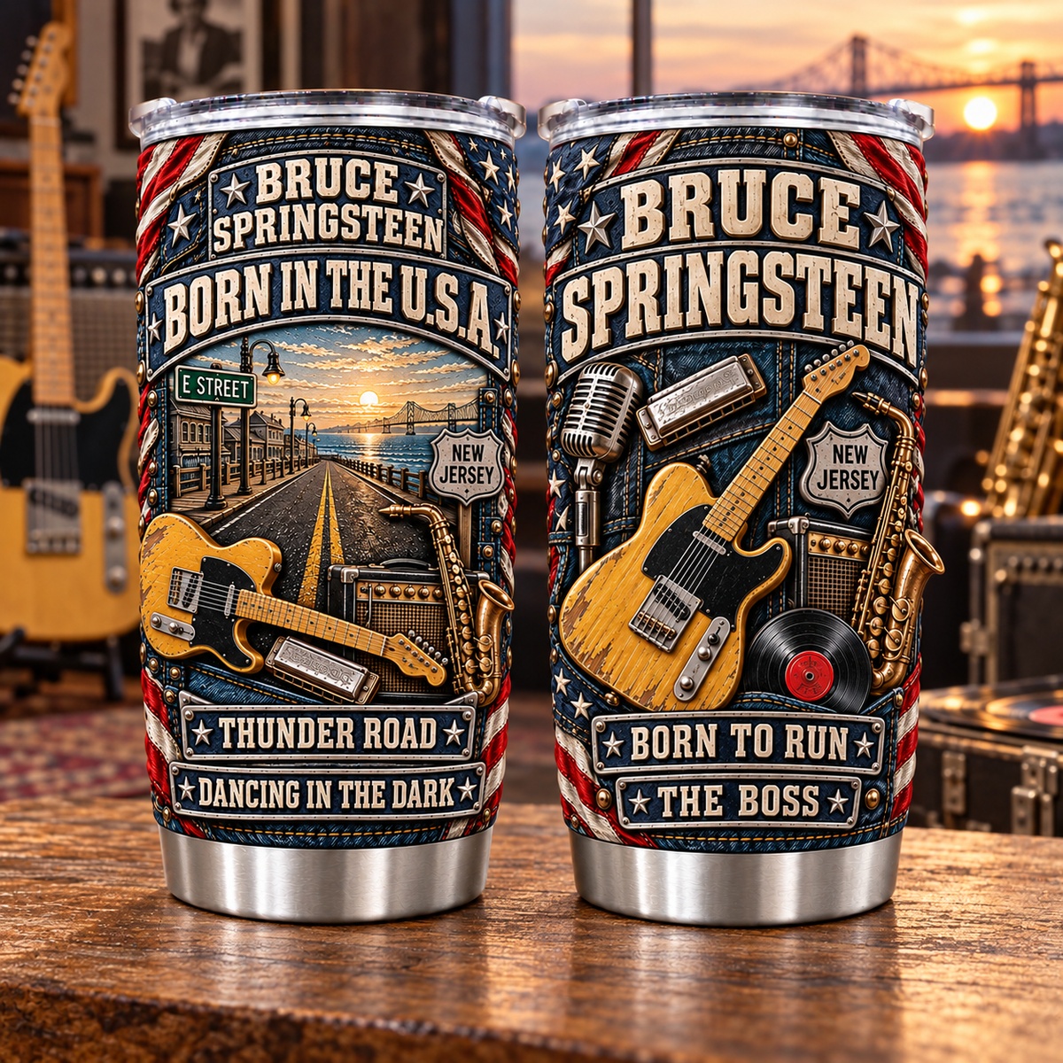 Bruce Springsteen 3D Printed Tumbler - Stainless Steel Insulated Travel Coffee Mug with Lid - Heartband Rock Music Merchandise Gift