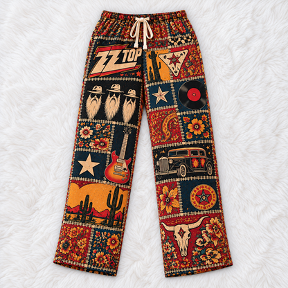 ZZ Top Patchwork Pajama Pants - Vintage Texas Blues Rock Art & Hot Rod Coupe Lounge Pants with Elastic Waistband, Adjustable Drawstring & Two Side Pockets