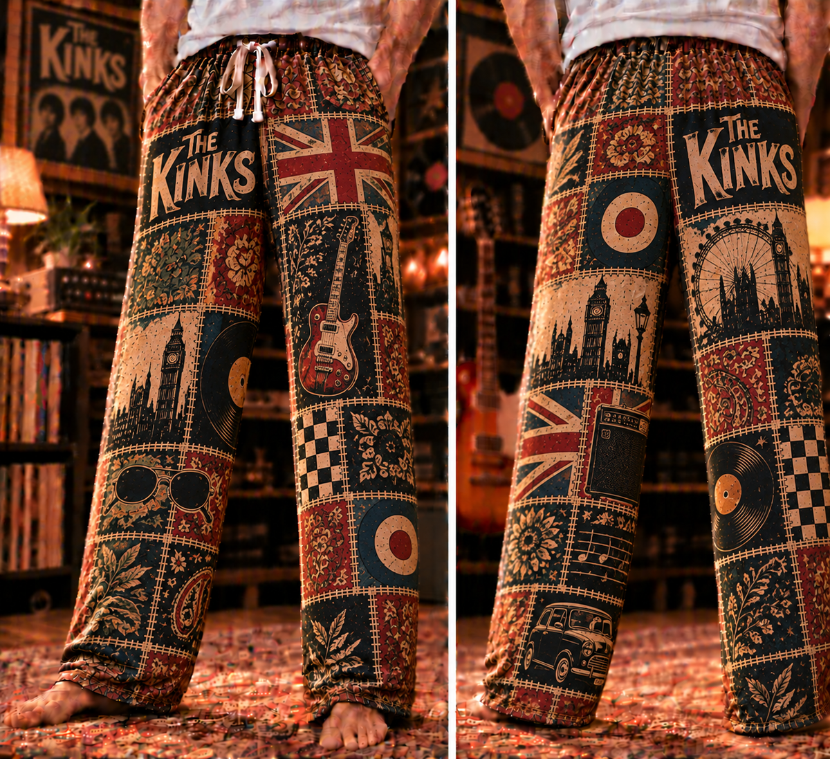 The Kinks Patchwork Pajama Pants - Vintage British Invasion Rock Art & Union Jack Flag Lounge Pants with Elastic Waistband, Adjustable Drawstring & Two Side Pockets