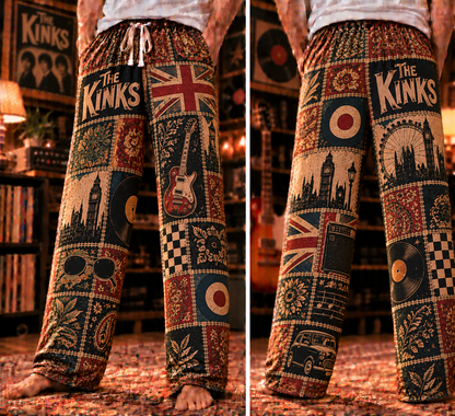 The Kinks Patchwork Pajama Pants - Vintage British Invasion Rock Art & Union Jack Flag Lounge Pants with Elastic Waistband, Adjustable Drawstring & Two Side Pockets
