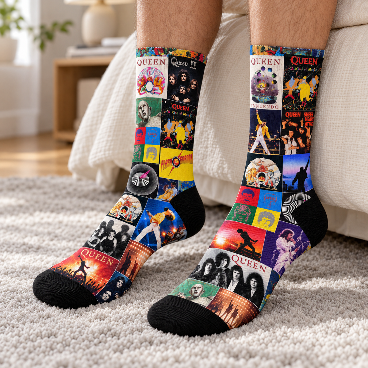 Queen Classic Rock Collage Middle Tube Socks - Vintage Album Art & Freddie Mercury Wembley Live Silhouette Printed Crew Socks - Comfortable Music Fan Novelty Gift