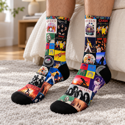 Queen Classic Rock Collage Middle Tube Socks - Vintage Album Art & Freddie Mercury Wembley Live Silhouette Printed Crew Socks - Comfortable Music Fan Novelty Gift