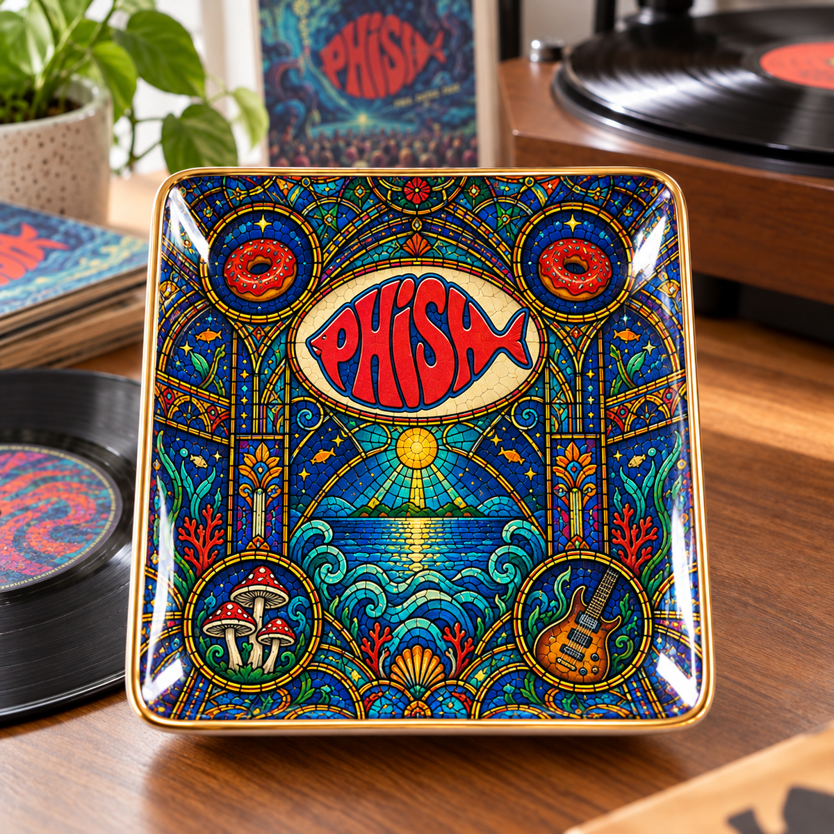 Phish Ceramic Ring Dish - Jam Band Stained Glass Jewelry Tray, Donut Logo Fish Artwork Trinket Dish Fan Gift