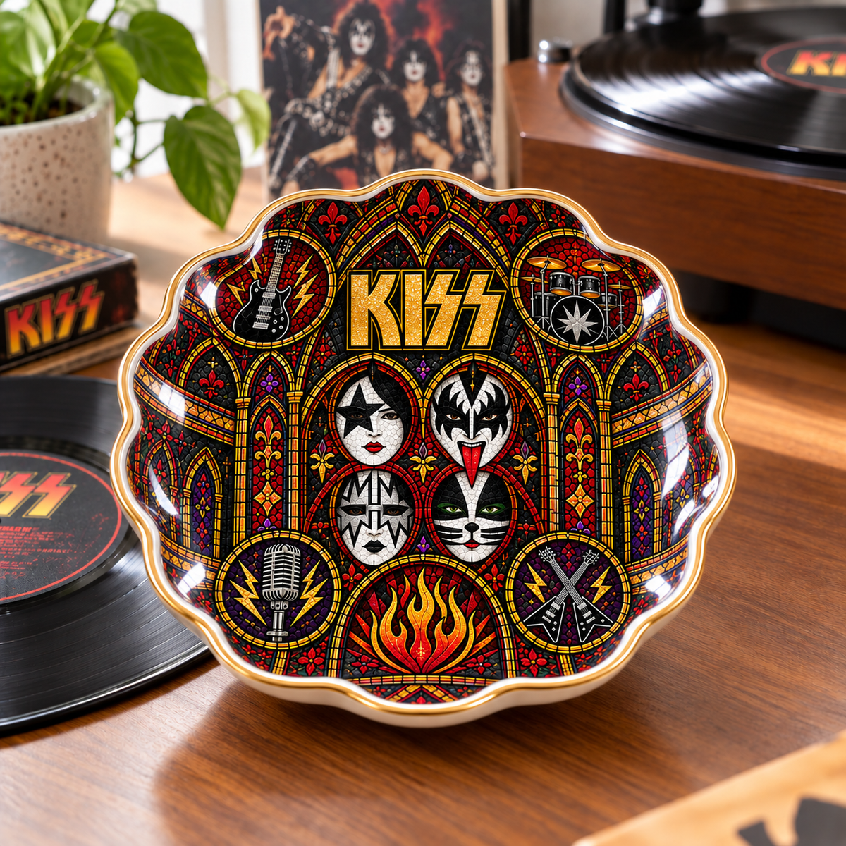 KISS Band Mexican Folk Art Ceramic Jewelry Dish - Face Paint Makeup & Flames Ring Tray - Hard Rock Fan Unique Collectible