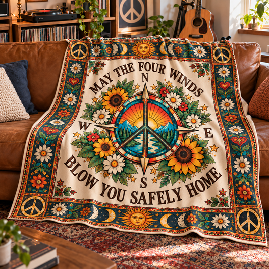 May The Four Winds Blow You Safely Home Sherpa Blanket – Peace Compass Fleece Throw, Boho Compass Throw Blanket