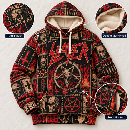 Slayer Patchwork Hoodie – Vintage Thrash Metal Graphic Pullover, Skull & Pentagram Design, Retro Heavy Metal Sweatshirt