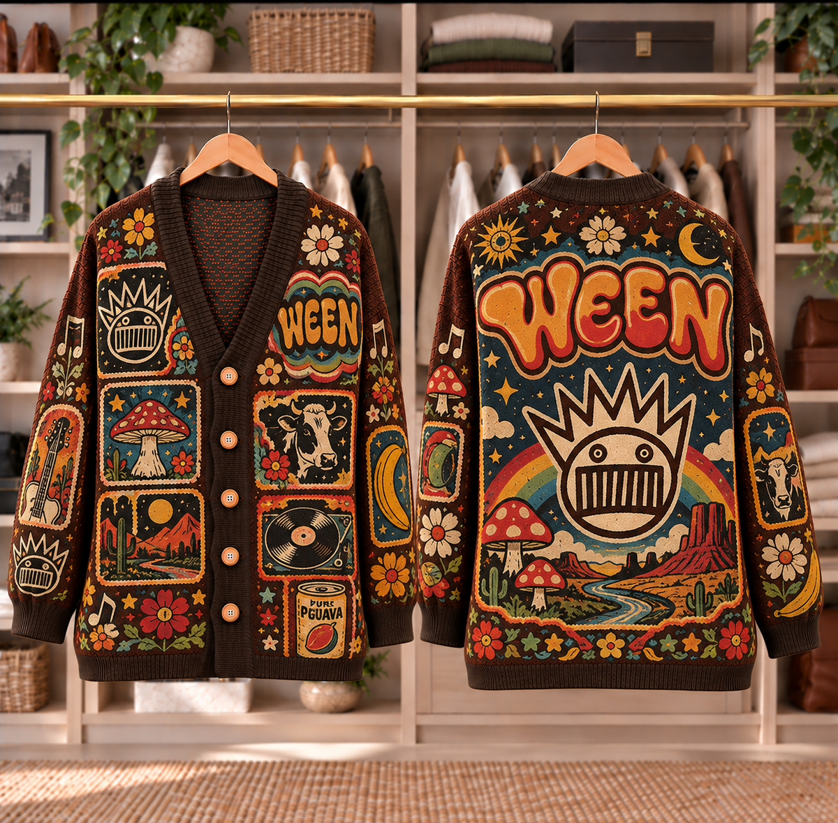 Ween Patchwork Knitted Cardigan - Casual Button Sweater, Boognish Pure Guava Alternative Rock Music Fan Gift